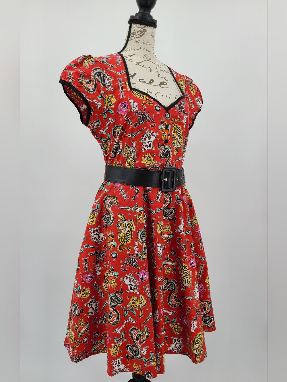 ModCloth Red Tattoo Printed Fit-and-Flare Belted Dress Size XL